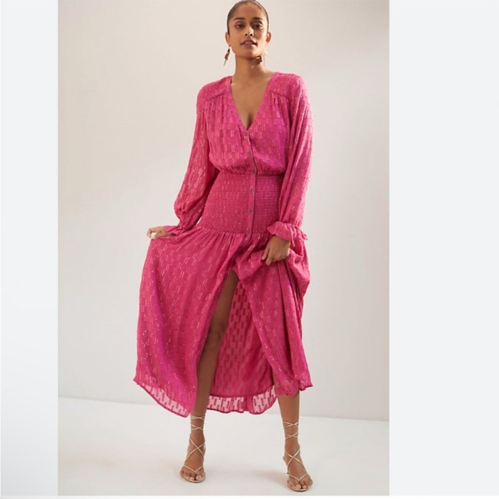 Anthtopologie hot pink smocked maxi dress. NWT Sz.XS